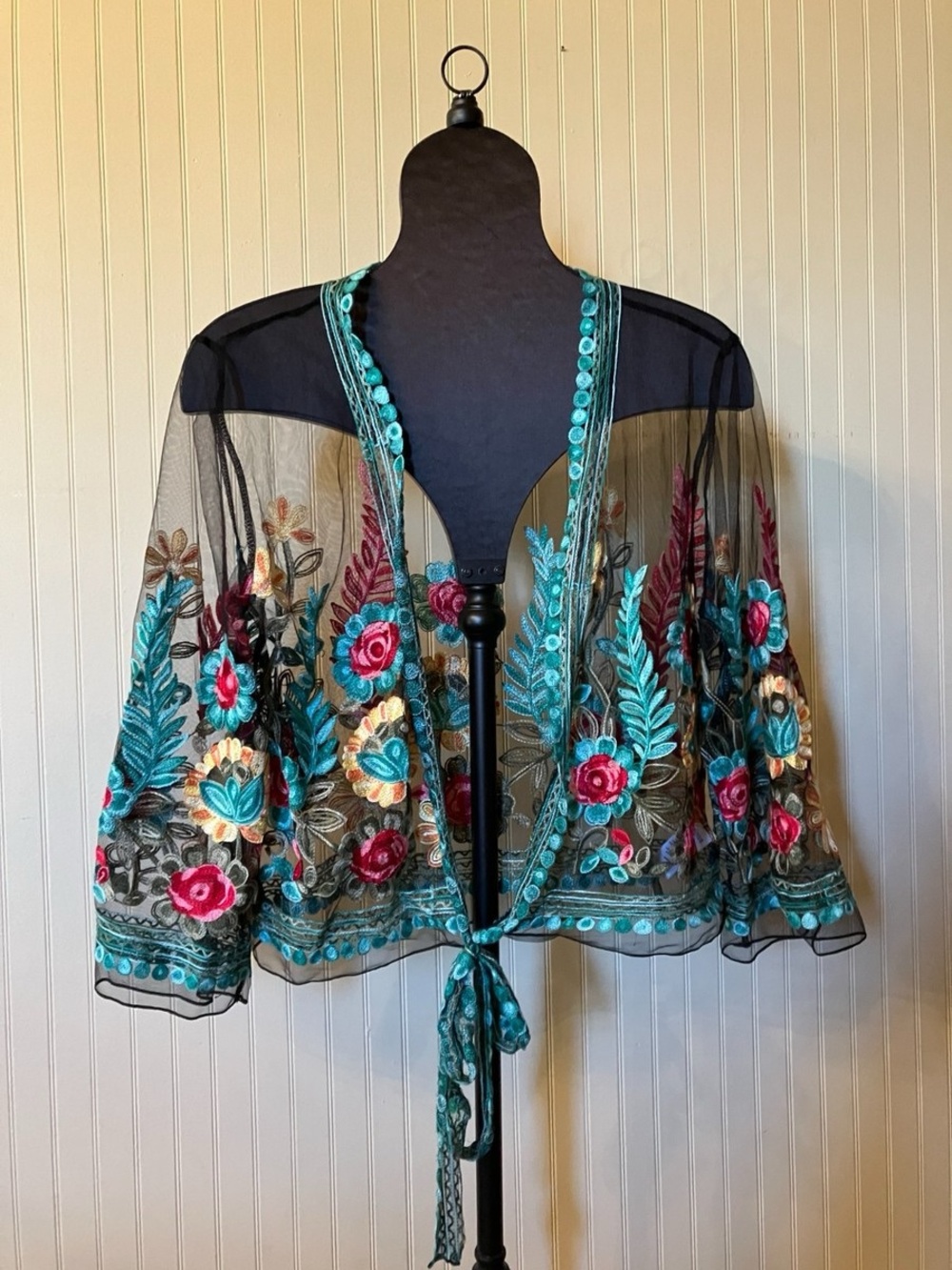 Black Sheer Embroidered Floral Tie-Front Top
